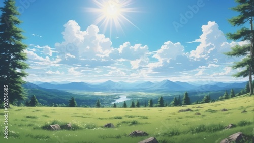Glade near the forest background in anime style in bright colors, blue sunny sky, AI generated