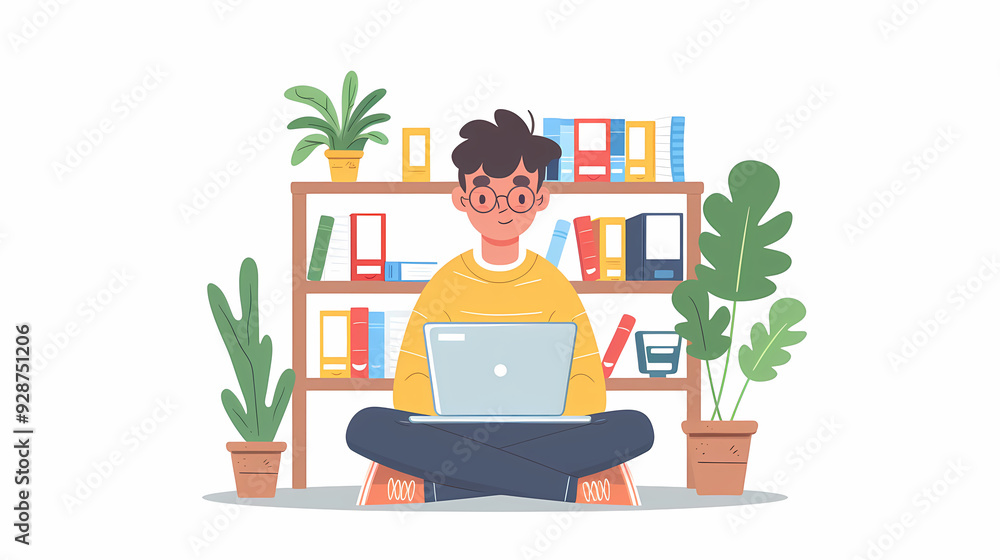 male teenager working with laptop, shopping online, making call. Importance of digital literacy for elderly people vector image male teenager working with laptop, shopping online, making call. Importance of digital literacy for elderly people vector image