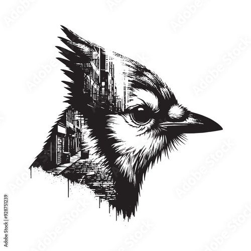 silhouette of Blue Jay filled with graffiti street wall in rough drawing