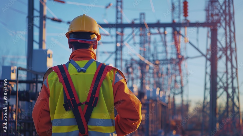 Back view of an electrician standing in front of an electricity pylon.