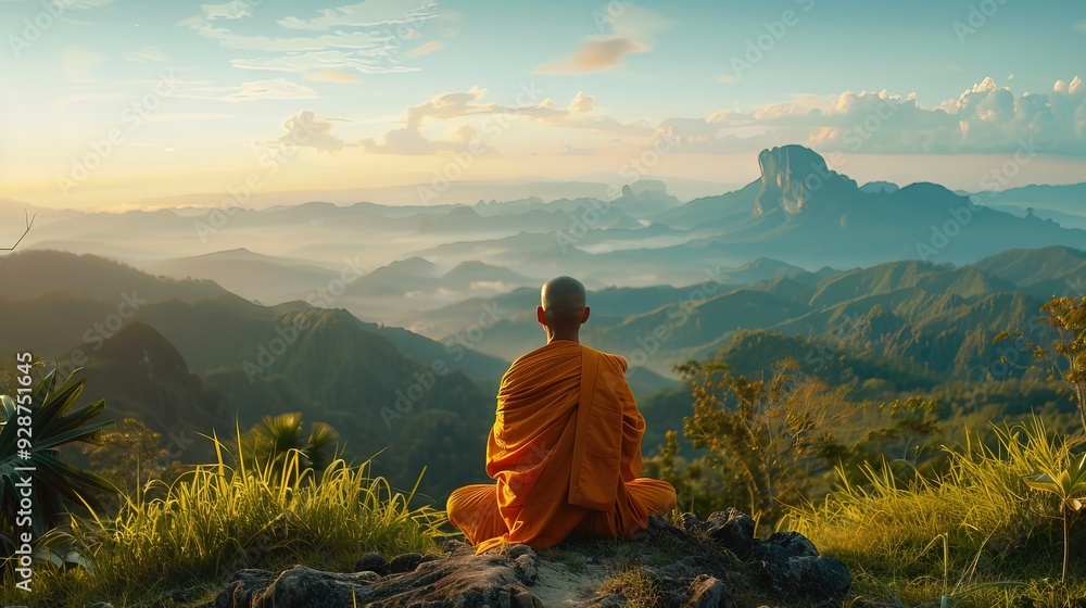 Fototapeta premium Silhouette Buddhist monk meditation on the rock side with a high mountain Generative AI