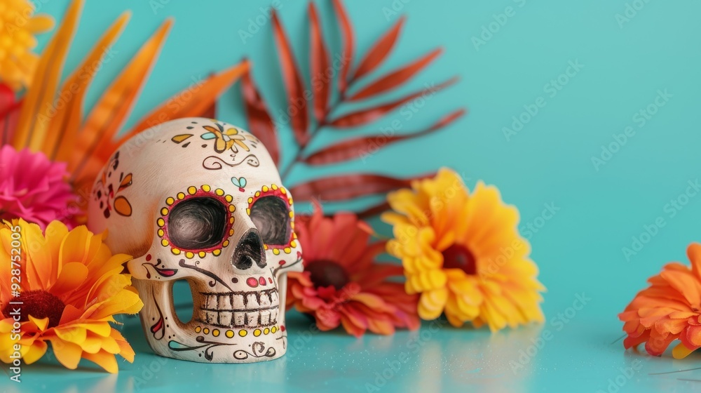 A skull is placed on a table next to a bunch of flowers A skull is placed on a table next to a bunch of flowers
