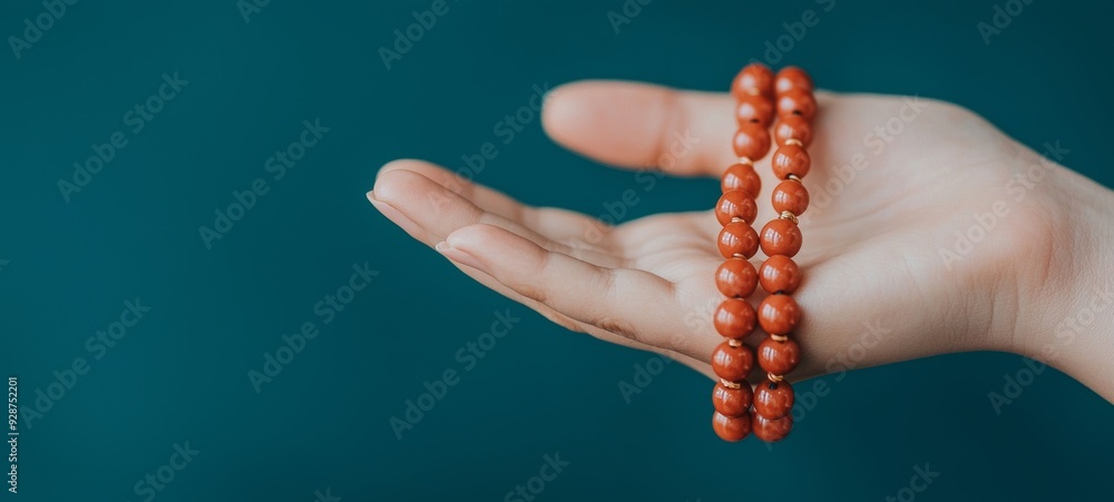 A serene hand holding a strand of orange beads, symbolizing mindfulness and spiritual practice against a soothing background. A serene hand holding a strand of orange beads, symbolizing mindfulness and spiritual practice against a soothing background.