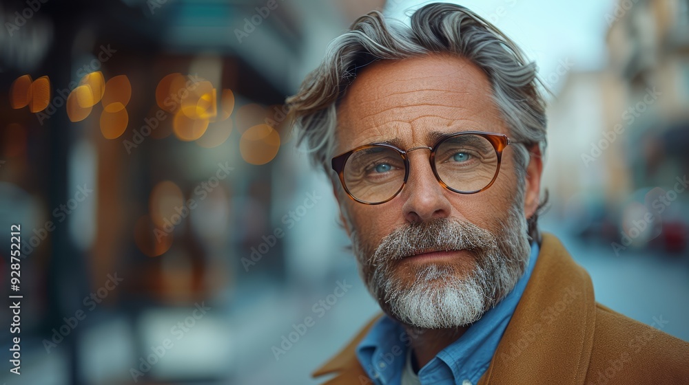Man with silver hair and glasses stands confidently in a city street during the evening Man with silver hair and glasses stands confidently in a city street during the evening
