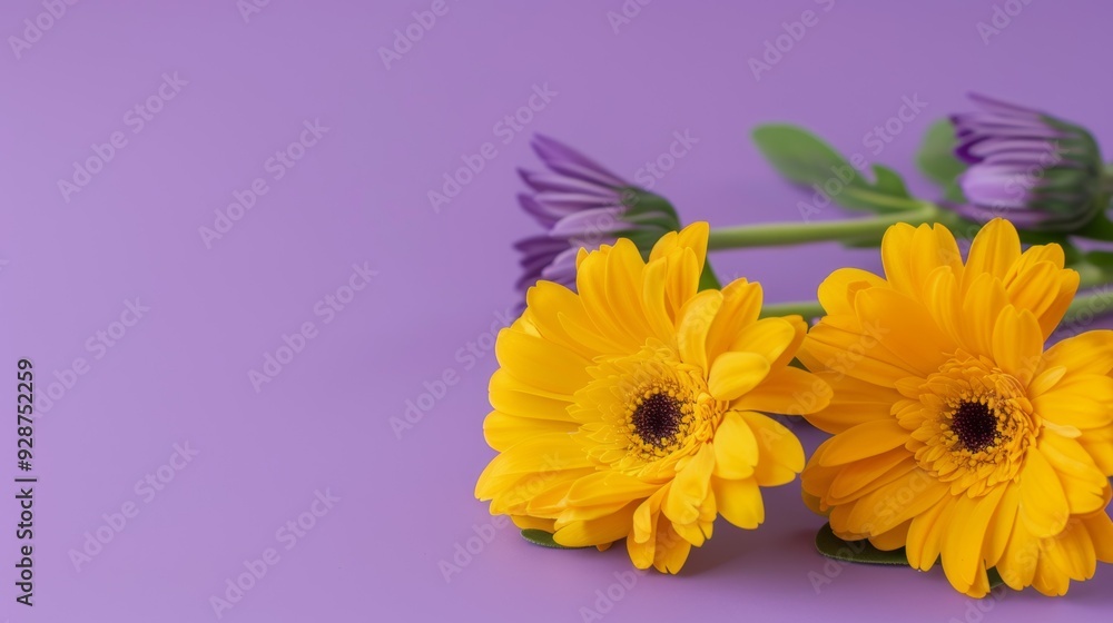 Two yellow flowers with purple stems are on a purple background Two yellow flowers with purple stems are on a purple background