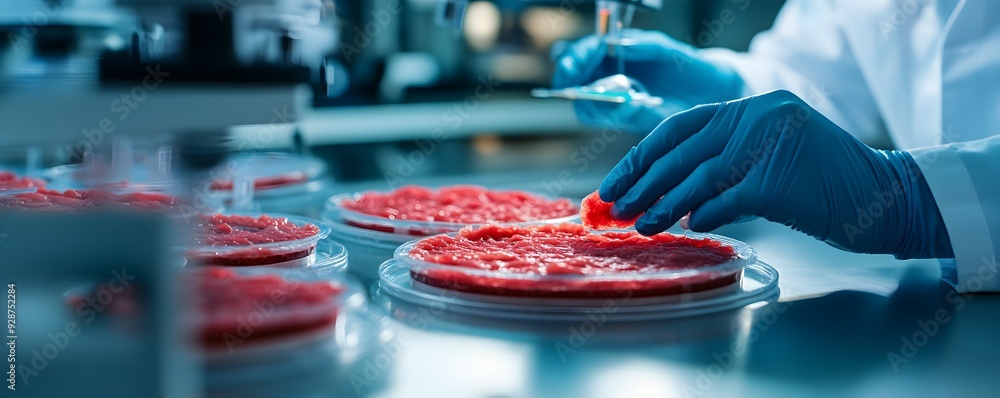 Team of researchers in a high-tech lab carefully developing cultured meat in petri dishes, showcasing the innovative process of creating sustainable food alternatives Team of researchers in a high-tech lab carefully developing cultured meat in petri dishes, showcasing the innovative process of creating sustainable food alternatives