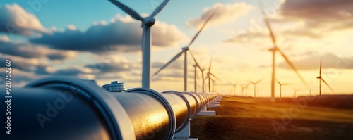 Cinematic shot of a hydrogen pipeline connecting to a wind farm, capturing the innovation in renewable energy systems photo