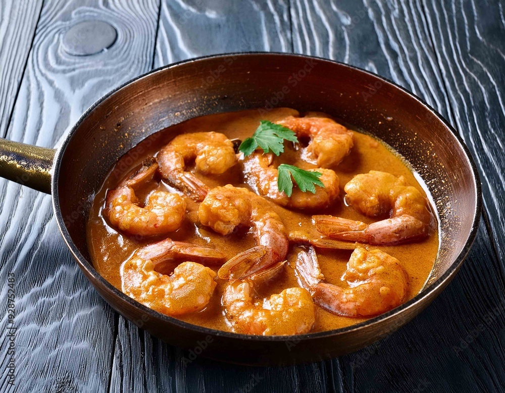Shrimp in curry sauce in the pan Shrimp in curry sauce in the pan