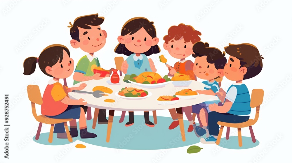 Six children sitting around a table eating food, enjoying a meal together, in a casual setting. Six children sitting around a table eating food, enjoying a meal together, in a casual setting.