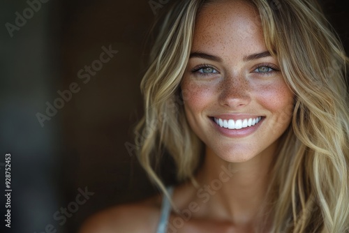 Cute natural blonde woman smiling with perfect white teeth and glowing skin, Generative AI