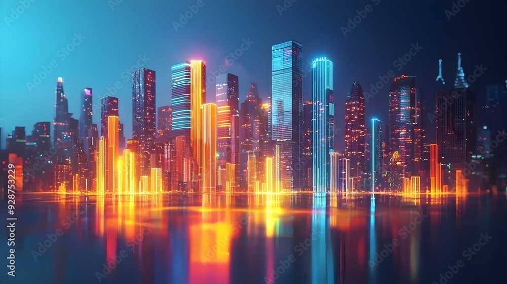 Neon City Skyline Reflection. Neon City Skyline Reflection.