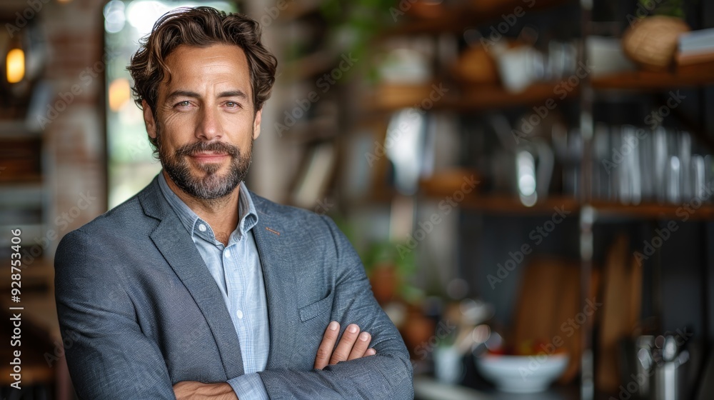 Professional man in a stylish suit standing confidently in a modern café setting Professional man in a stylish suit standing confidently in a modern café setting