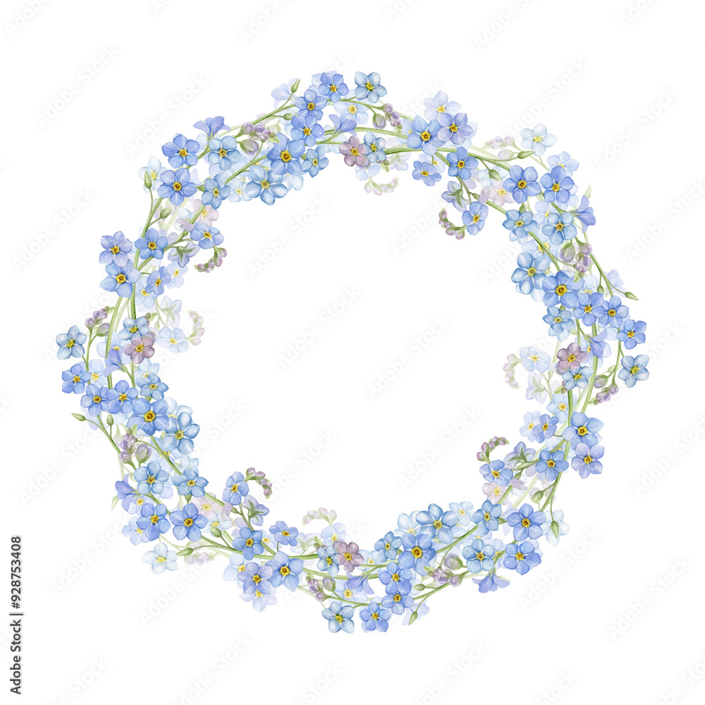 Wreath of forget-me-nots. Spring blue flowers woven into a beautiful wreath. Wreath of forget-me-nots. Spring blue flowers woven into a beautiful wreath.
