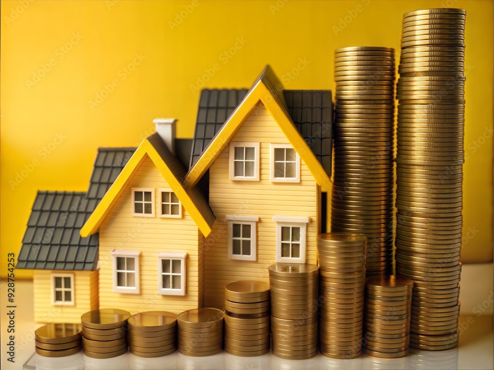Golden Opportunity: A row of miniature houses progressively rise in value, symbolized by stacks of gold coins, emphasizing the potential for wealth and growth in real estate. Golden Opportunity: A row of miniature houses progressively rise in value, symbolized by stacks of gold coins, emphasizing the potential for wealth and growth in real estate.