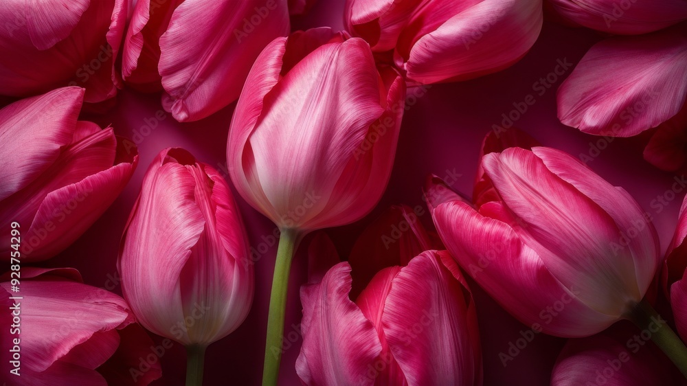 Fototapeta premium Photo background of realistic pink tulip buds, romantic background, march 8, valentine's day, AI generated