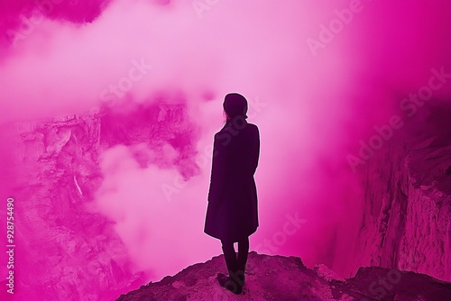 View of hiker in volcano crater similar to Mars in infrared. photo