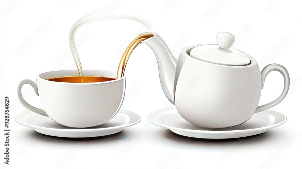 A teapot pours fresh green tea with visible loose leaves into a porcelain cup, creating a serene moment of tea preparation in a simple, bright setting A teapot pours fresh green tea with visible loose leaves into a porcelain cup, creating a serene moment of tea preparation in a simple, bright setting