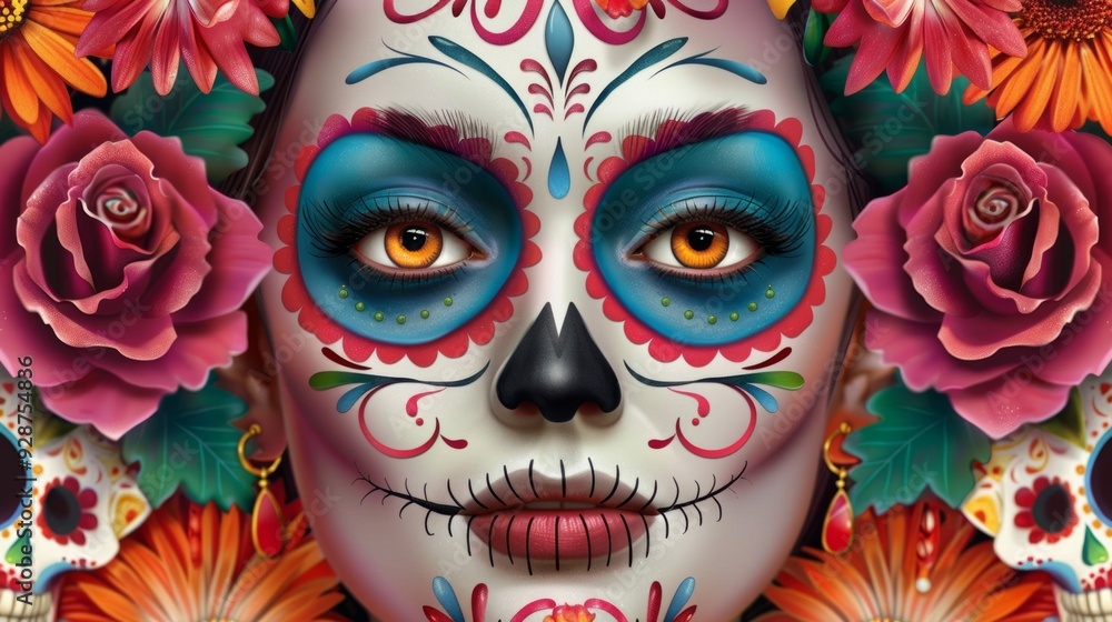 A woman with a skull on her face and flowers around her A woman with a skull on her face and flowers around her
