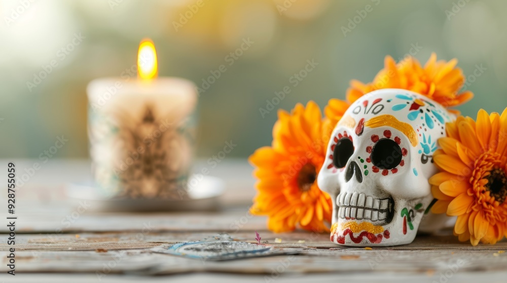 A skull with colorful designs sits on a table next to a candle A skull with colorful designs sits on a table next to a candle