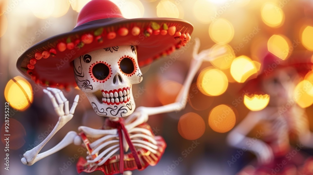 A skeleton wearing a red hat and a red dress is posing for a picture A skeleton wearing a red hat and a red dress is posing for a picture