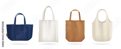 Set of reusable shopping bag mockup. Various eco friendly fabric bags with empty copy space for design and print. Package templates. Realistic 3D vector illustration collection isolated on background