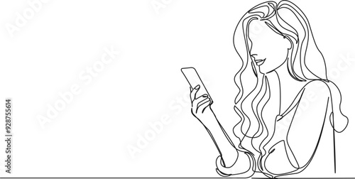 continuous single line drawing of woman looking at smartphone, line art vector illustration