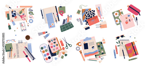 Set of Stationery supplies. Tools, materials and equipment for handmade, crafting and creative hobbies. Notebooks, paints and pencils. Flat vector illustration collection isolated on white background