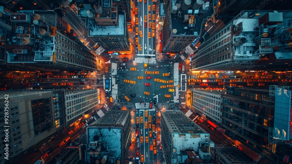 Aerial view of a bustling New York City intersection at night filled with yellow taxis and illuminated buildings Aerial view of a bustling New York City intersection at night filled with yellow taxis and illuminated buildings