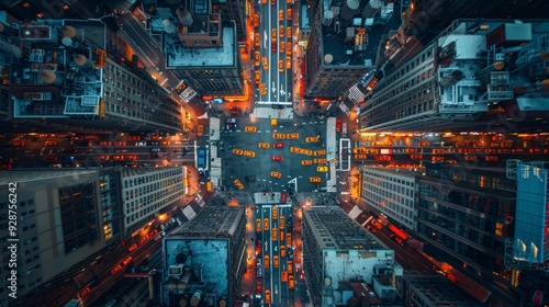 Aerial view of a bustling New York City intersection at night filled with yellow taxis and illuminated buildings