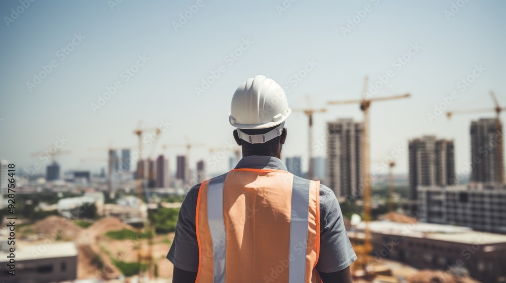 male engineer looking at high-rise building under construction, male engineer looking at high-rise building under construction,
