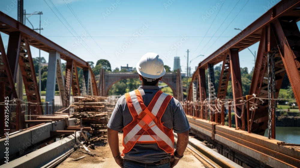Rear view of male engineer looking at a bridge under construction, Rear view of male engineer looking at a bridge under construction,