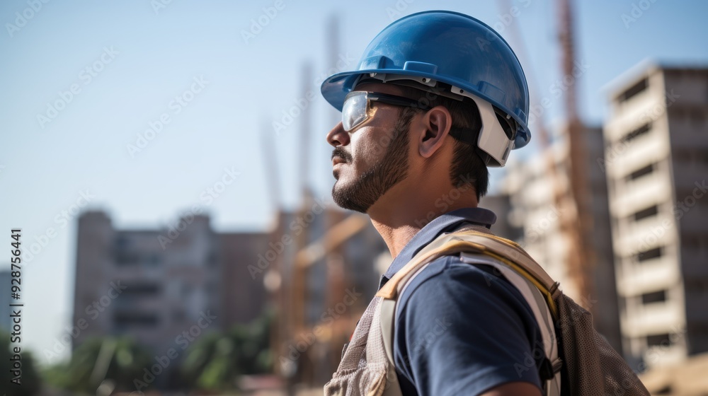 Rear view of male engineer looking at a bridge under construction, 