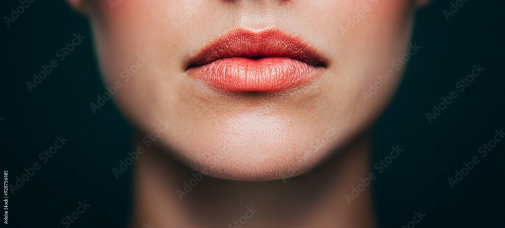 Obraz premium Close-up of a woman's lips showcasing glossy texture and subtle color, emphasizing beauty and elegance in a dramatic lighting.