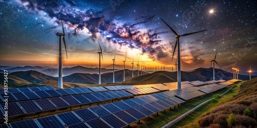 Renewable Energy Landscape Wind Turbines and Solar Panels Under a Starry Sky, wind turbines, solar power, renewable energy, night sky