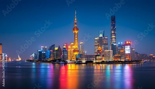 At night view of Shanghai, lights are shining on both sides of the Huangpu River, and urban buildings are reflected on the water.