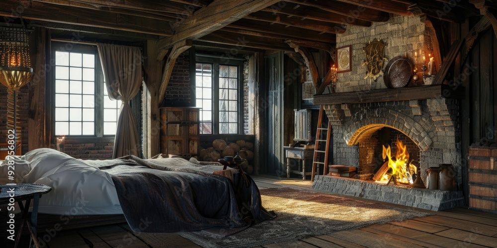Cozy bedroom featuring a fireplace and a comfortable bed, perfect for relaxation Cozy bedroom featuring a fireplace and a comfortable bed, perfect for relaxation