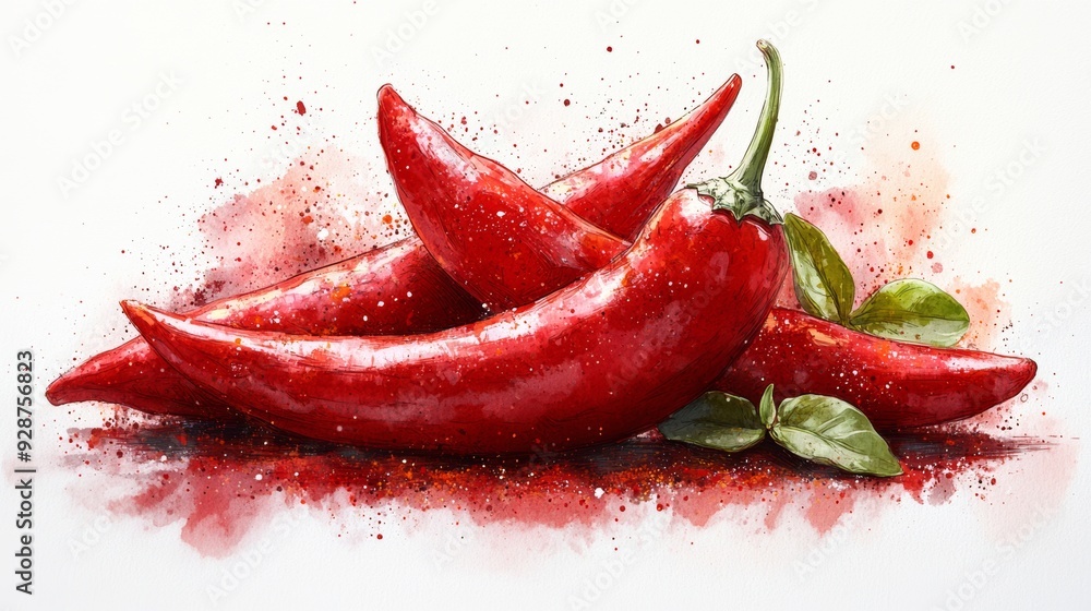 Vibrant red chili peppers with fresh green leaves, perfect for culinary designs and spicy food themes. Vibrant red chili peppers with fresh green leaves, perfect for culinary designs and spicy food themes.