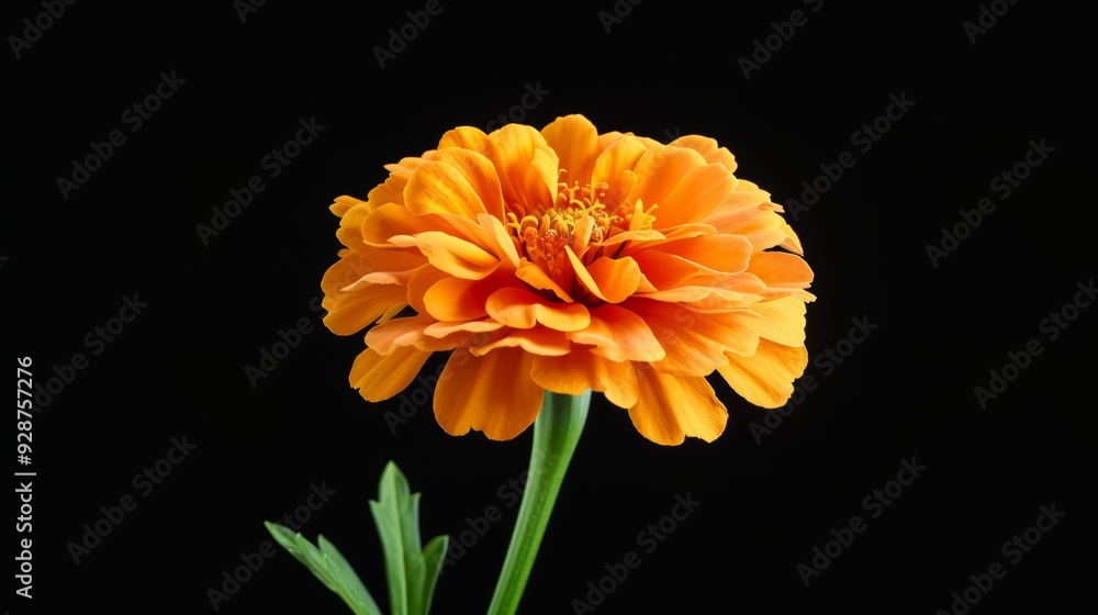 A single orange flower with green leaves A single orange flower with green leaves
