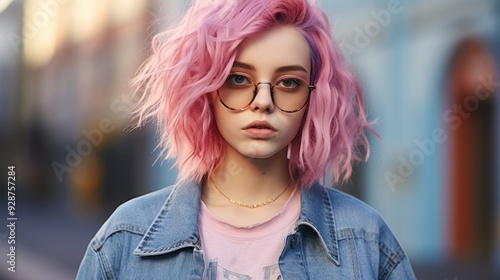 Pink-haired teenage hipster girl with round glasses and a denim jacket Close-up photo with clean background --ar 16:9 --v 5.2 Job ID: 4298c0a5-90f5-4c3e-9807-32cdac298894