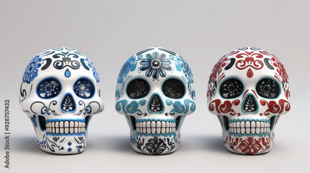 Three skulls with different colors and designs Three skulls with different colors and designs
