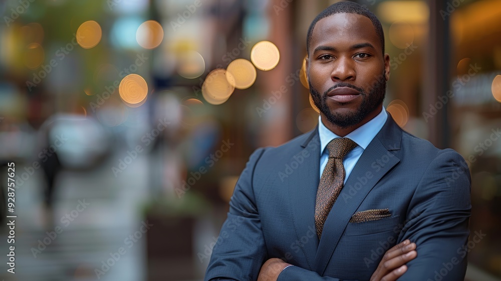 Professional man in a suit stands confidently on a city street with blurred lights in the background during the evening Professional man in a suit stands confidently on a city street with blurred lights in the background during the evening