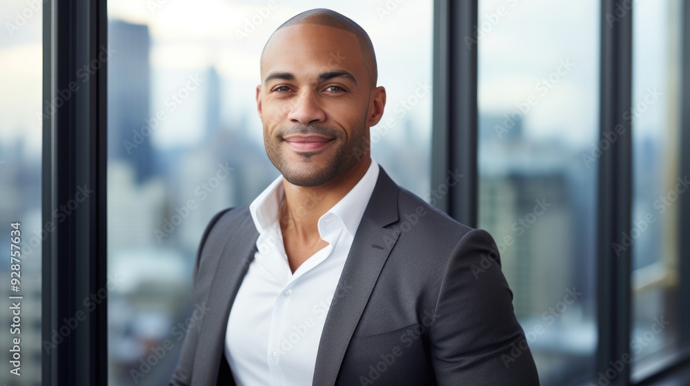 Portrait of a smiling multiethnic architect in front of a large window Portrait of a smiling multiethnic architect in front of a large window