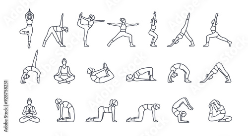 Set of yoga poses line icons. Symbols with female figure in different yoga poses or asanas. Fitness, sports and Pilates. Outline vector illustration collection isolated on white background