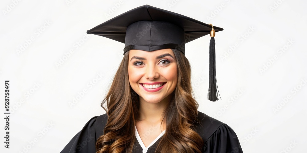 Smiling Graduate in Cap and Gown, White Background, Portrait, Woman, Celebration, Graduation, Education Smiling Graduate in Cap and Gown, White Background, Portrait, Woman, Celebration, Graduation, Education
