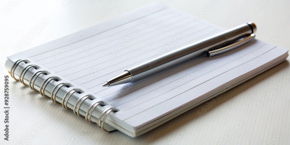 Spiral Notebook with Silver Pen, Close-up, High Angle, White Background, Writing, Stationery, Office Supply Spiral Notebook with Silver Pen, Close-up, High Angle, White Background, Writing, Stationery, Office Supply
