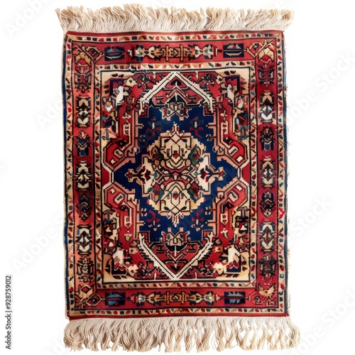 Vibrant, traditional Persian rug with intricate geometric patterns in red, blue, and white. The rug has a fringed border. photo