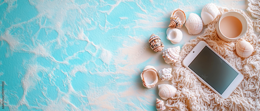 Naklejka premium sunny pool vibes, Stylish layout of a lightweight beach blanket, decorative seashells, and a digital device on a pastel-hued backdrop, offering a serene pool vibe. Open central
