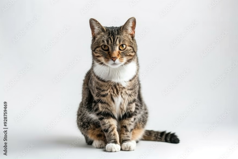 A domestic cat sits calmly on a white surface, gazing directly at the camera A domestic cat sits calmly on a white surface, gazing directly at the camera
