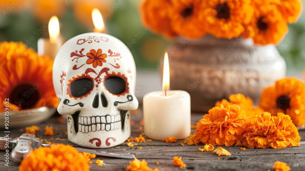 A skull is placed on a table with candles and orange flowers A skull is placed on a table with candles and orange flowers