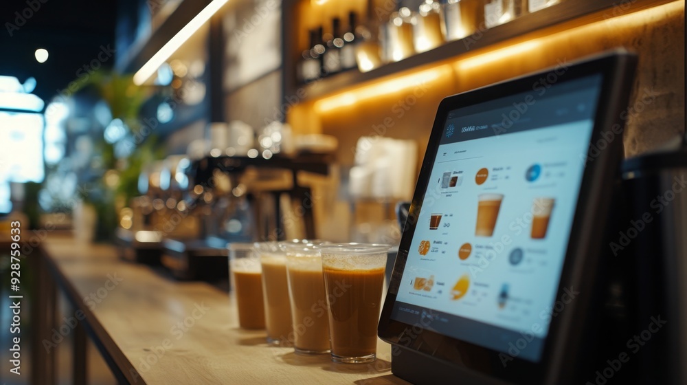 Customers enjoy a variety of drinks at a vibrant coffee shop featuring a digital order screen and warm lighting. Customers enjoy a variety of drinks at a vibrant coffee shop featuring a digital order screen and warm lighting.